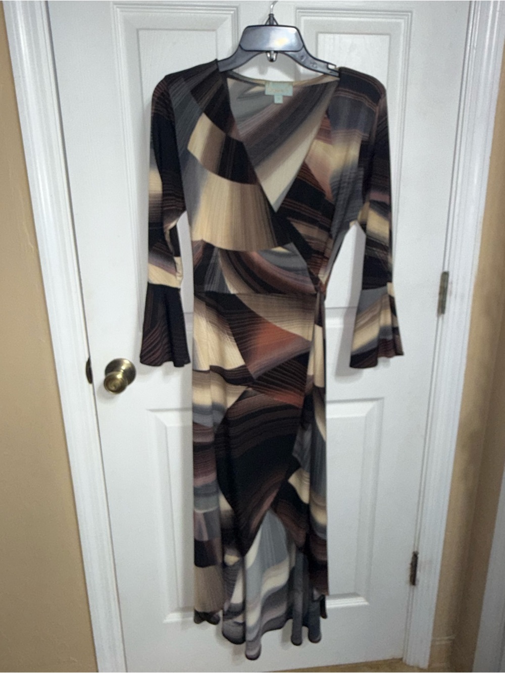 Veronica M Abstract Wrap Midi Dress in Brown, Cream and Black